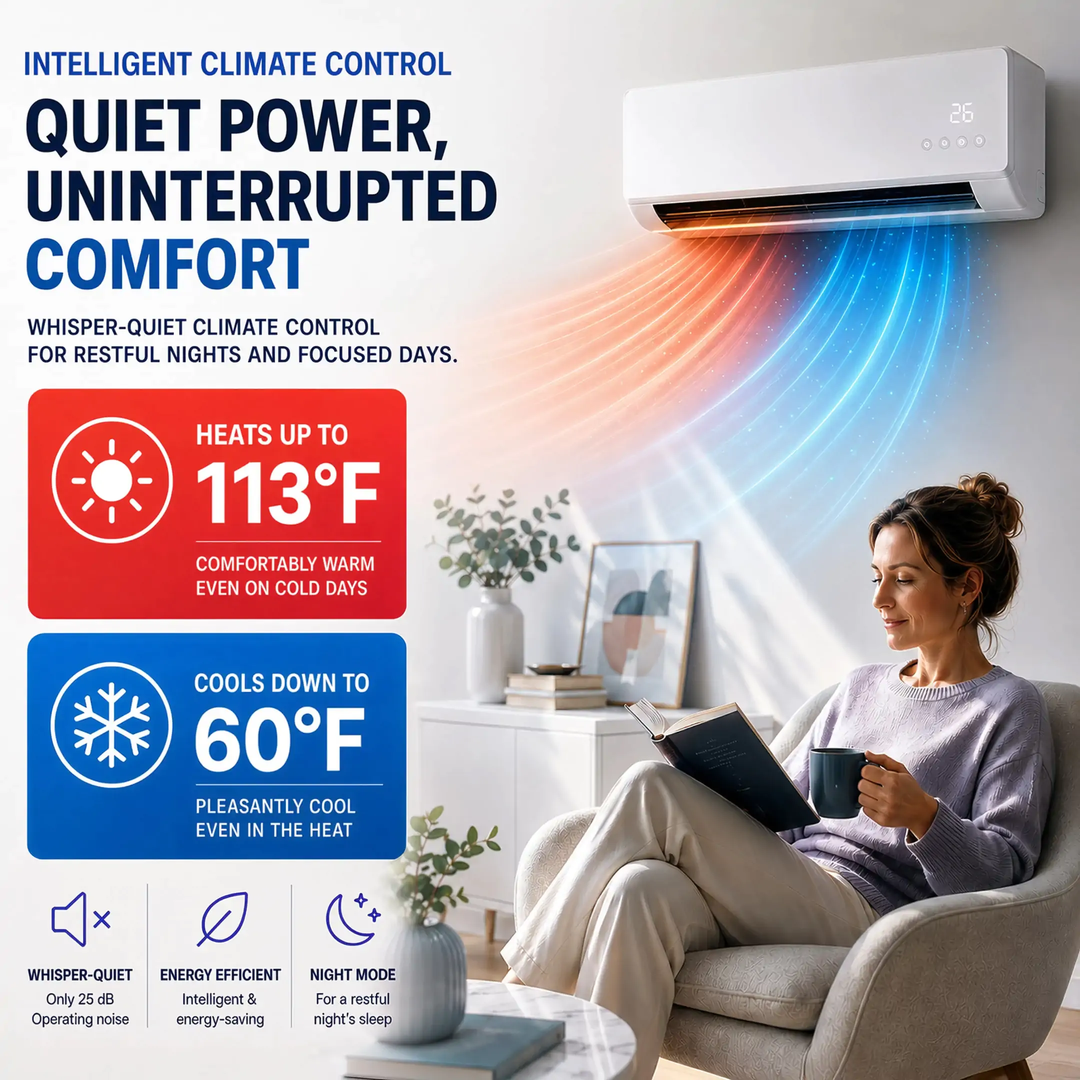 LifeGauge Breeze heats up to 113F and cools down to 60F, whisper quiet at 25dB